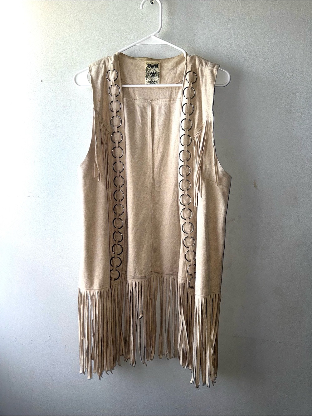 Vocal Beige Fringe Suede Vest with Ring Trim